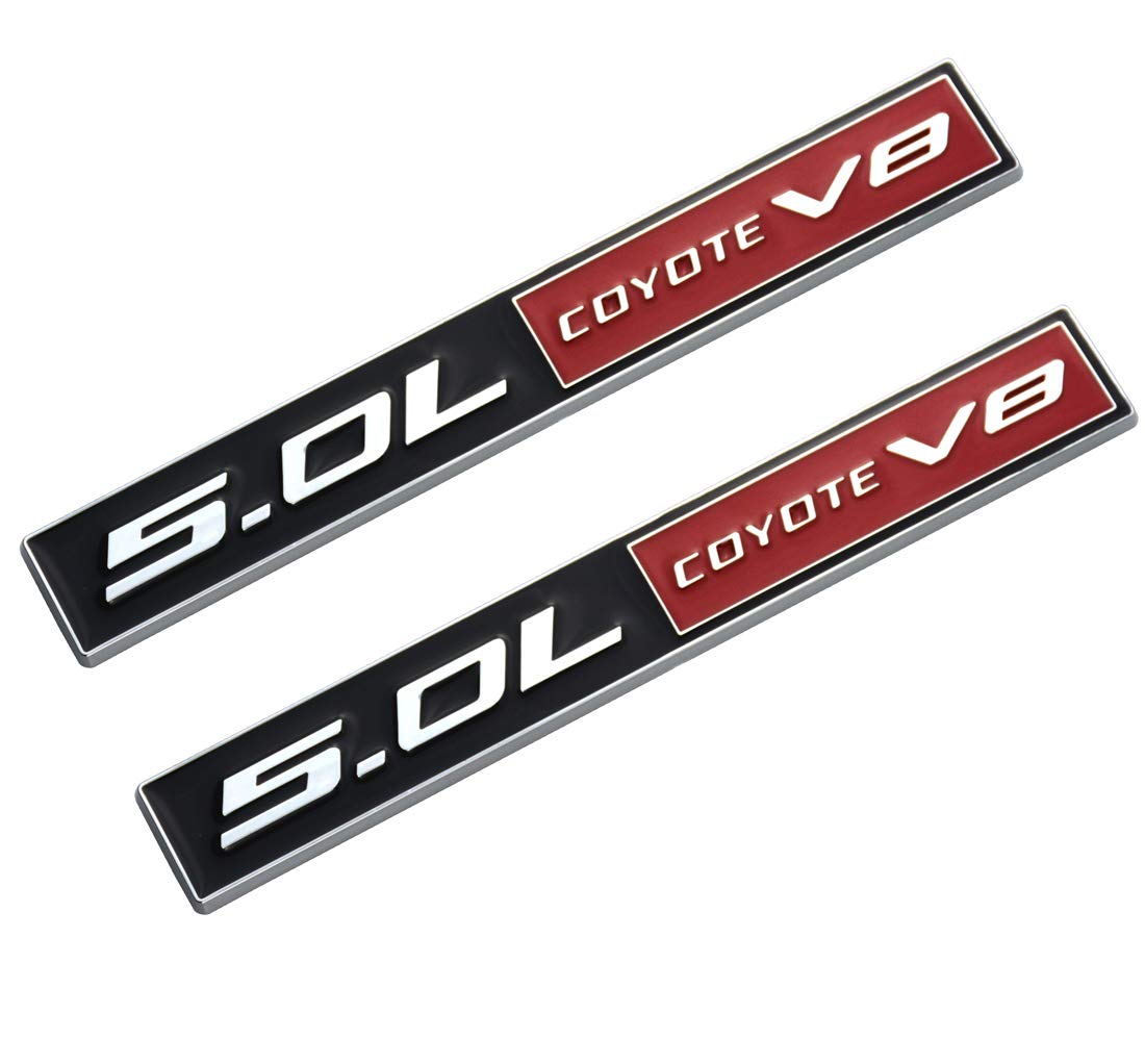 2Pcs 5.0L Coyote V8 Emblems, 3D Trim Fender Hook Trunk Badge Decals Stickers Replacement For Mustang & F150(Chrome Red Black)