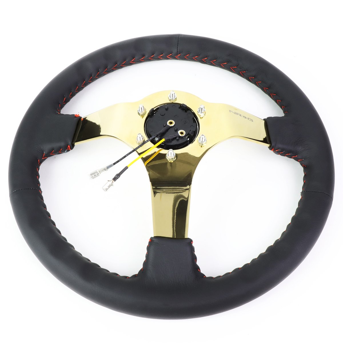 Nrg Innovations Rst-036Gd Reinforced Steering Wheel ((3'' Deep, 4Mm) 350Mm Sport Wheel - Black Leather, Red Baseball Stitch, Gol