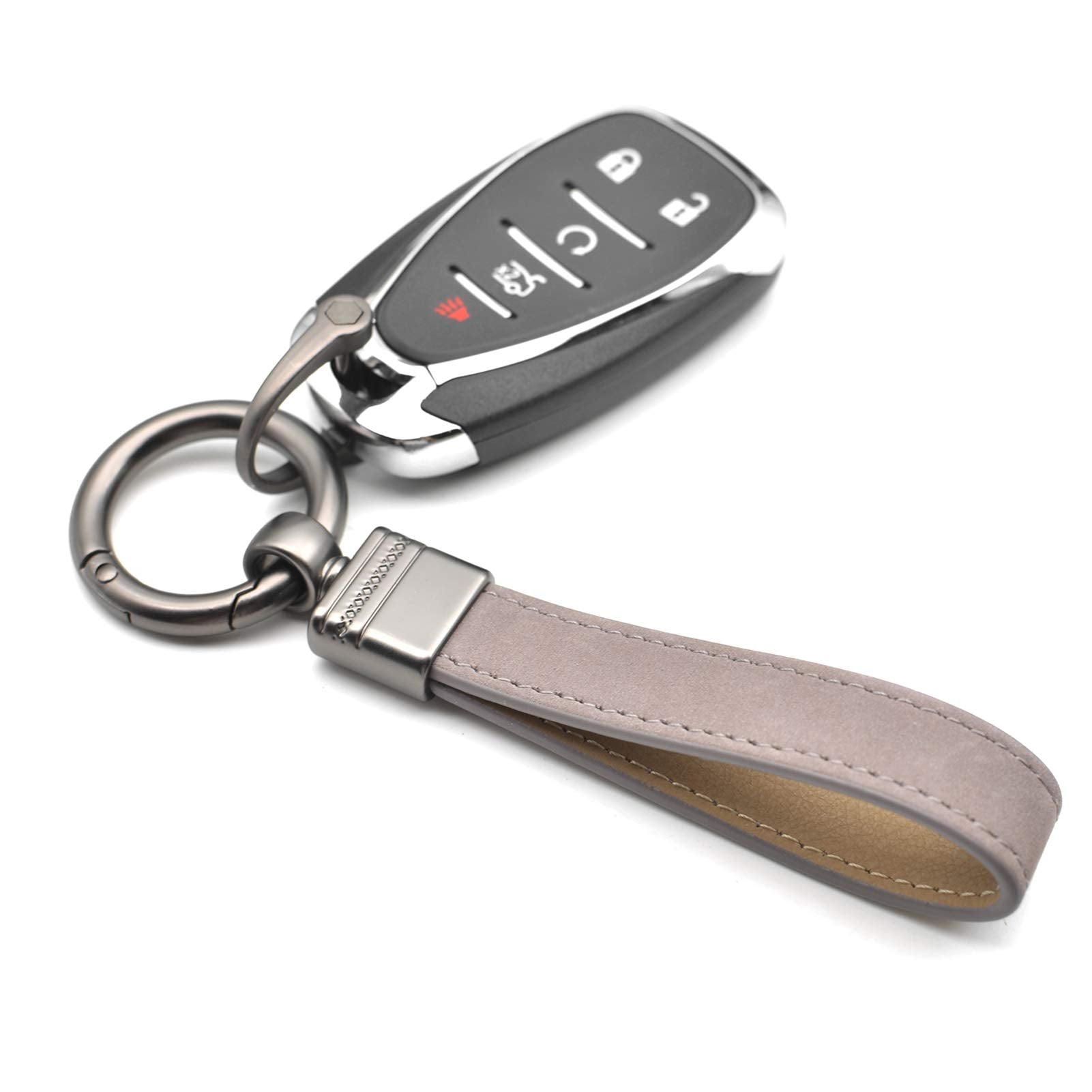 Car Fob Key Chain Genuine Leather Keychains Holder For Men And Women, 360 Degree Rotatable, With Anti-Lost D-Ring, Circle Carabiner And Key Rings, Gray Grey