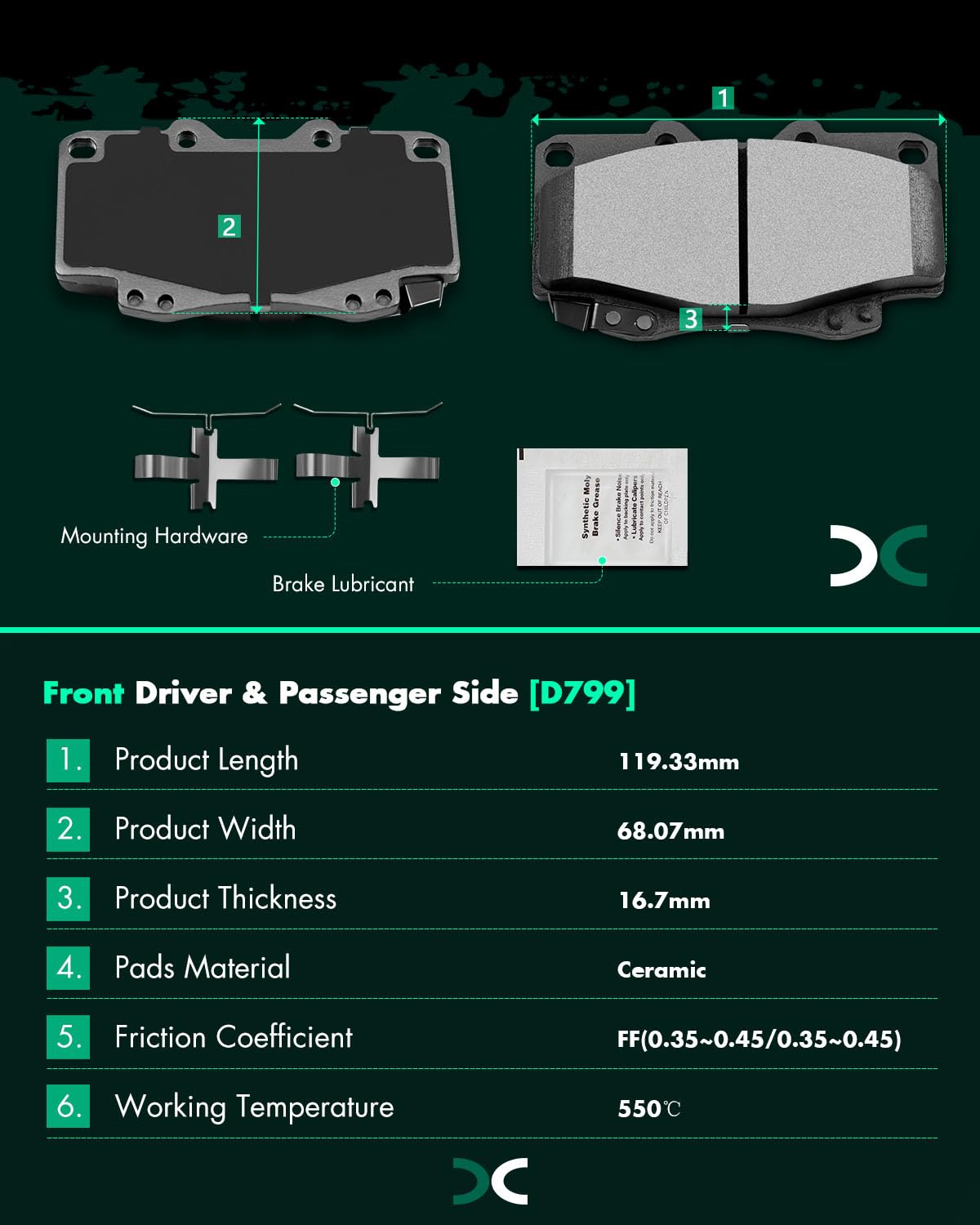 Scitoo D799 Front Ceramic Brake Pads Sets Fit For 1995-2002,For Tacoma 1995-2004