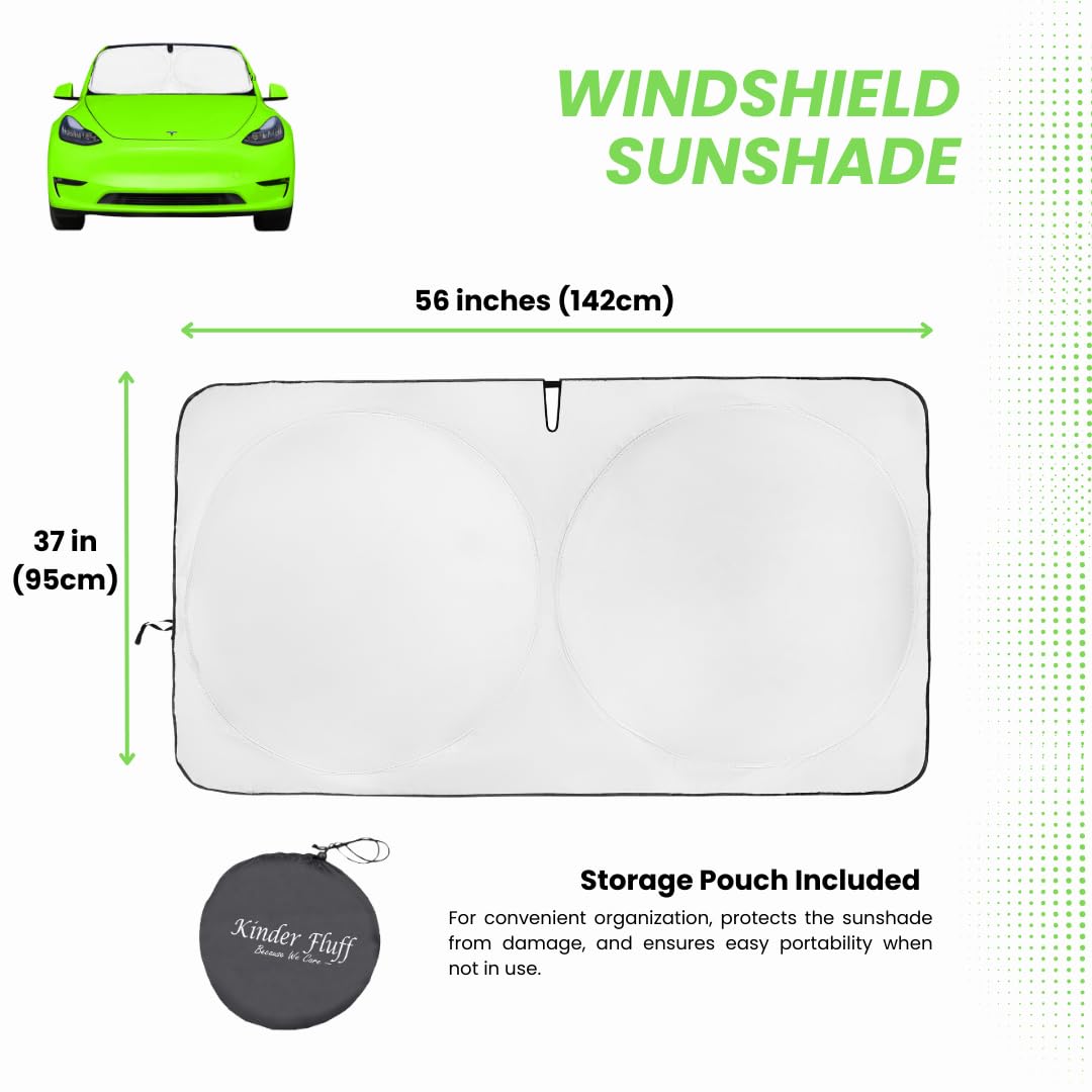 Kinder Fluff Patented Windshield Sun Shade For Teslas 3 & Y | Oxford Cloth Foldable Car Sun Shield | Thicker Window Shades For T