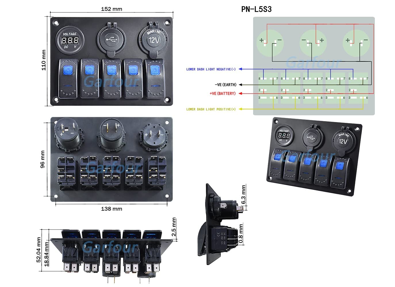 Garfour Waterproof Boat Rocker Switch Panel 3.1A Volt Dual USB Socket LED Light Voltmeter Cigarette Lighter Socket 5 Bang Rocker