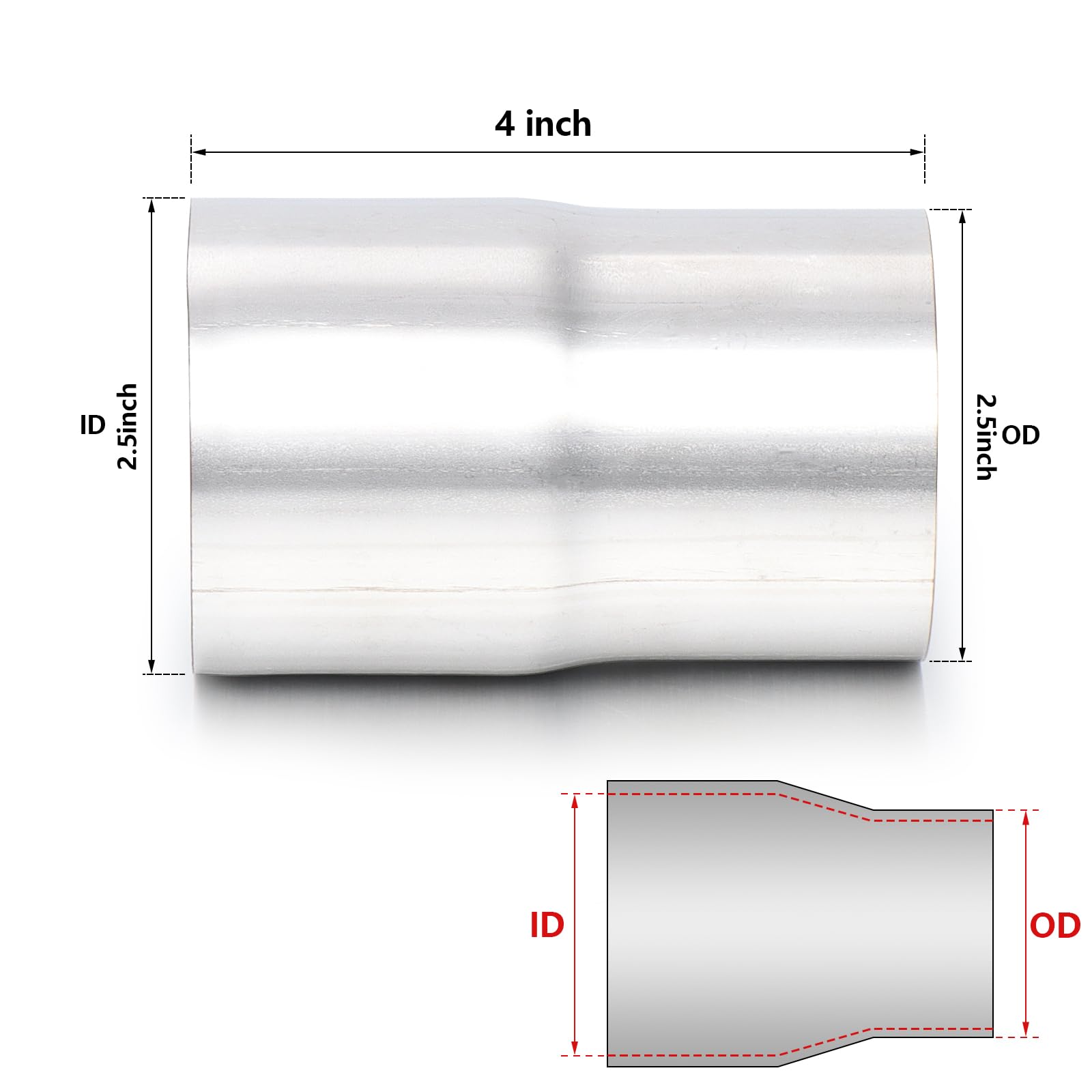 A-Karck Exhaust Adapter Connector 2.5'' Id To 2.5'' Od, Exhaust Pipe Reducer 4'' Overall Length 304 Stainless Steel