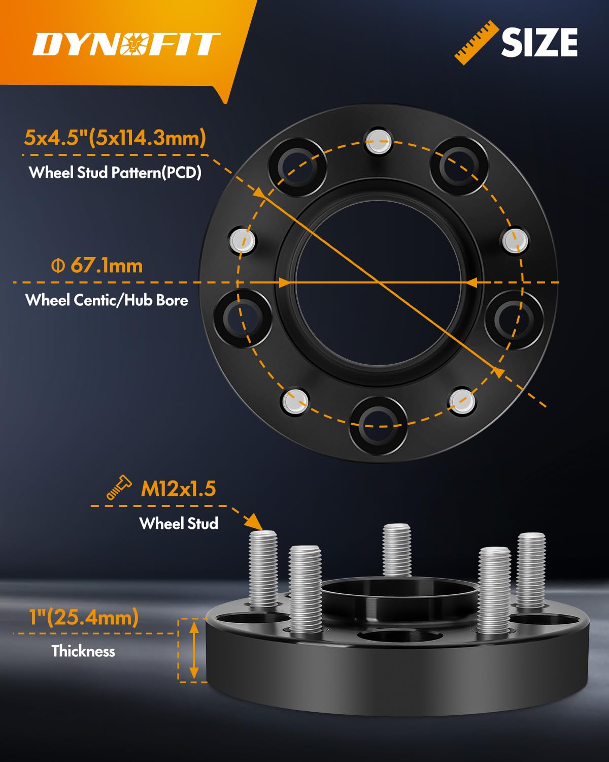 Dynofit 5X4.5 Wheel Spacers Compatibility With Hyundai Elantra, Sonat And Genesis Coupe, 5X114.3Mm 67.1 Hub Bore 1' Wheel Adapter Compatibility With Ford Fusion Escape Mazda Jeep Kia, M12X1.5 Studs