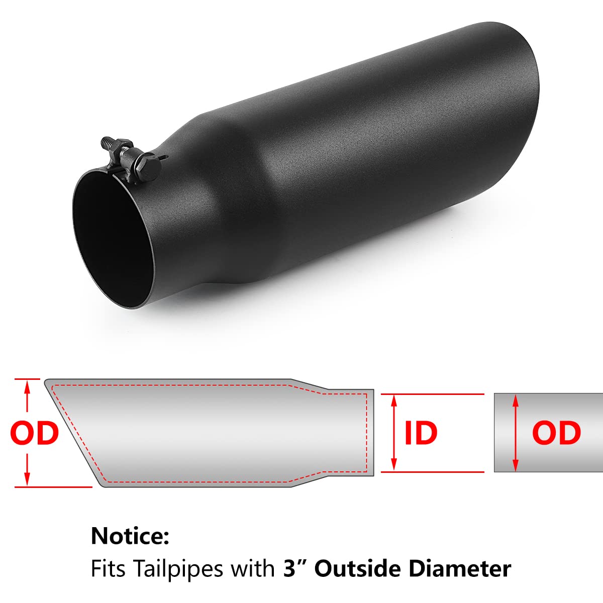 A-Karck Exhaust Tip 3 Inch Inlet, 3'' Inlet 4'' Outlet 12'' Long Black Coated Finish Muffler Tip For Truck Tailpipe, Stainless S