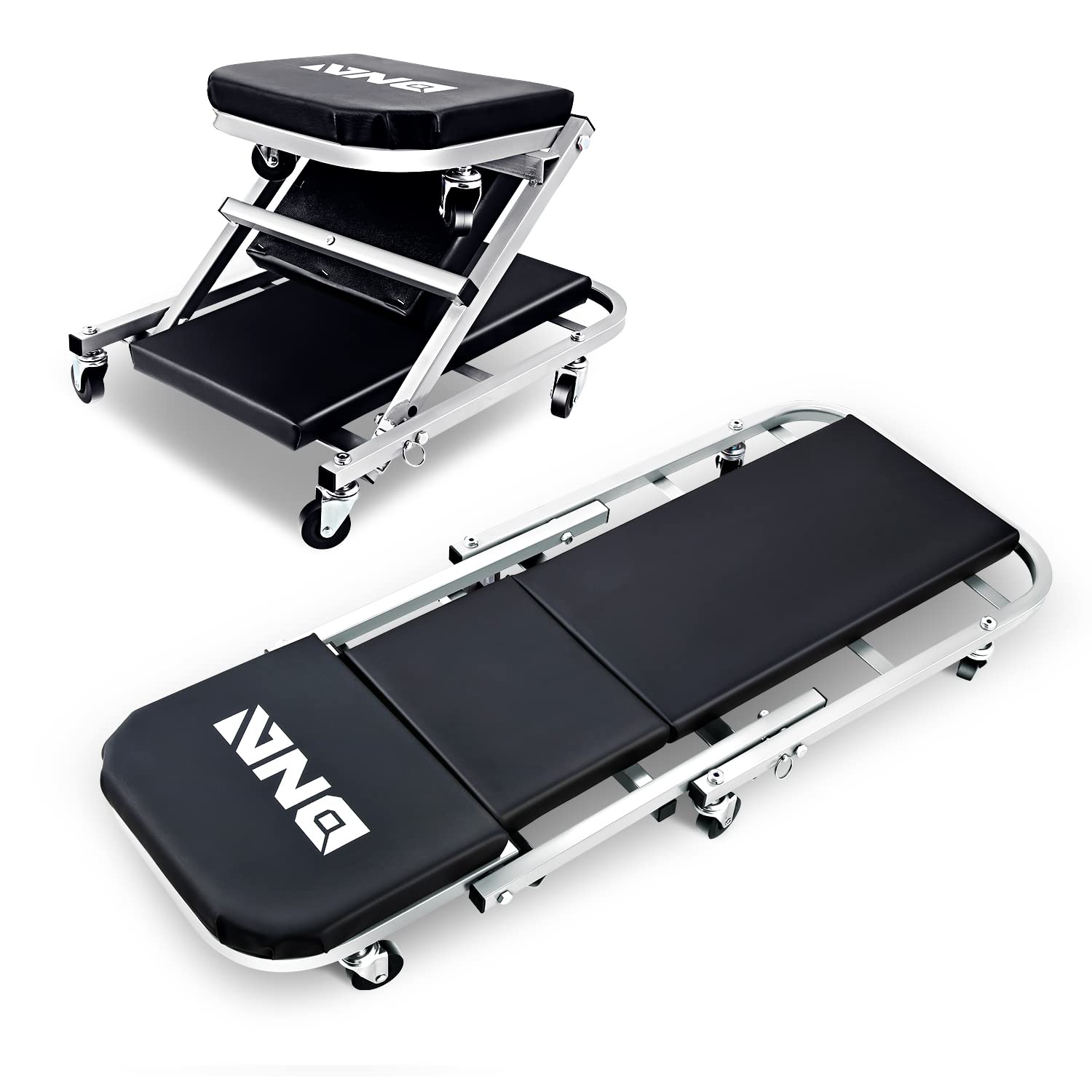 Dna Motoring Tools-00187 40 Inches 2 In 1 Rolling Folding Car Creeper/Seat, 6 Pcs 2'' Casters, 150Kg Weight Capacity, Gray