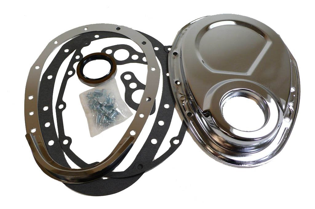 1955-65 Compatible/Replacement For Chevy Small Block 283-305-327-350-400 Steel 2-Piece Timing Chain Cover Set - Chrome