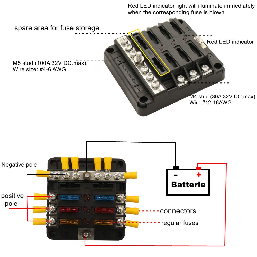 Tiyang 6 Circuits Fuse Block Boat Camper Car Grounding Blocks Truck Rv Solar Fuses Box 12 Connectors
