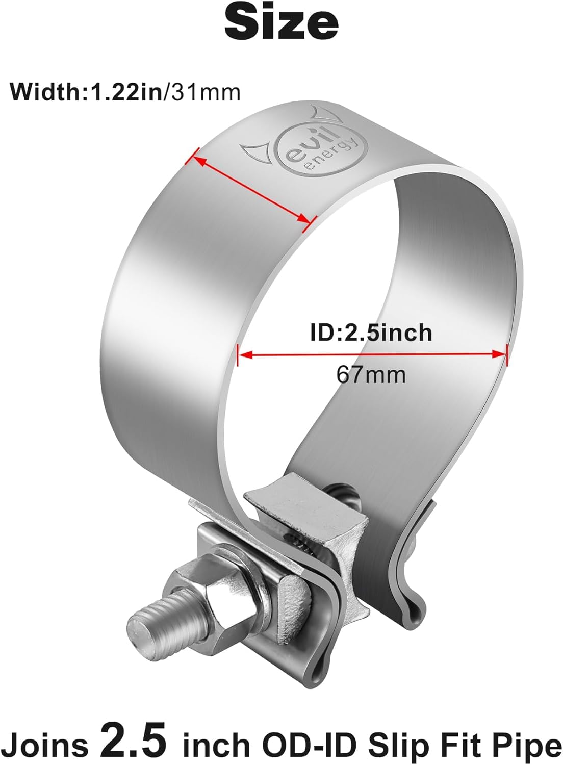 Evil Energy 2.5 Inch Exhaust Clamp,2 1/2' Narrow Band Muffler Clamp Stainless Steel For Pipes,Mufflers,Catalytic Converters 1Pcs