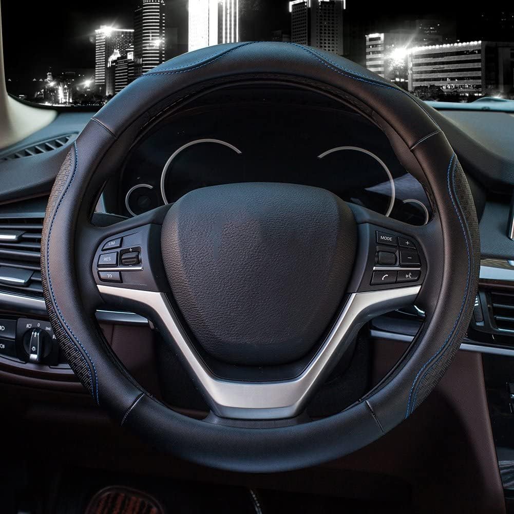 Valleycomfy Leather Steering Wheel Covers Universal 15.75 Inch -Breathable, Anti Slip & Odor Free (Black With Blue Lines,L(15''
