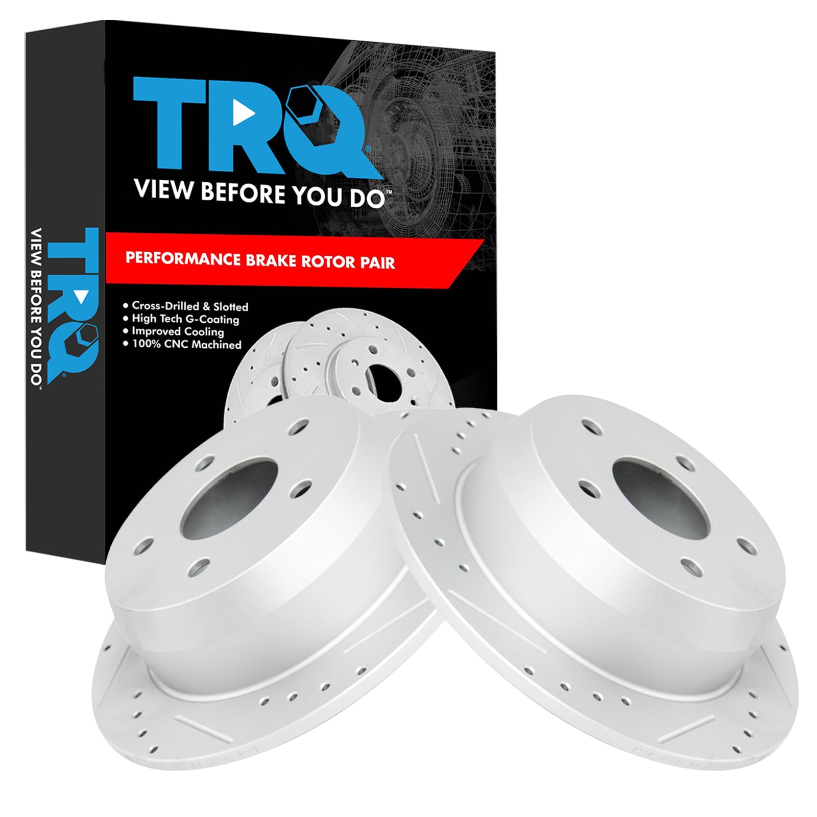 Trq Rear Performance Brake Rotors Set Solid Premium G-Coated Cross Drilled & Slotted Compatible With 1999-2004 Jeep Grand Cherok