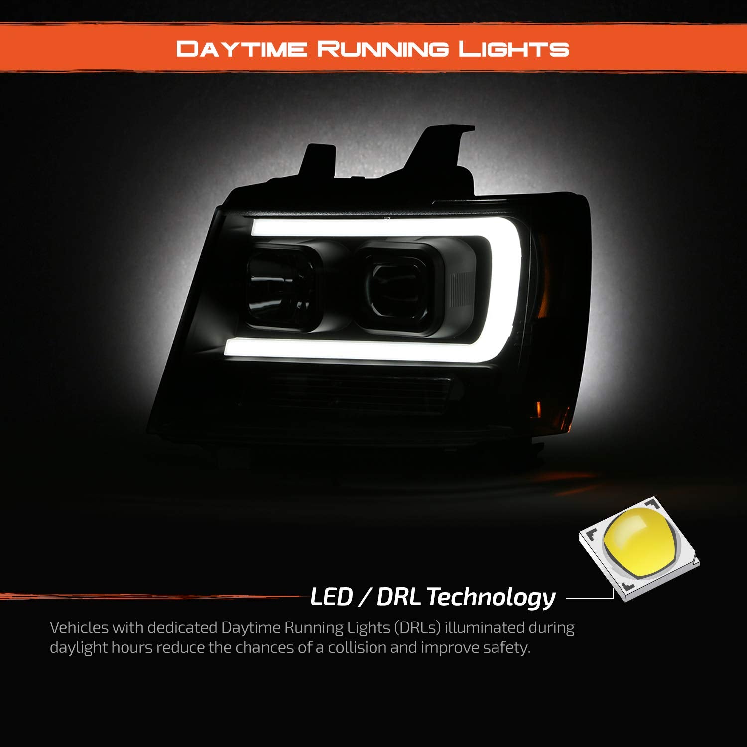 Akkon - Fits 2007-14 Chevy Tahoe Suburban 1500/2500 07-13 Avalanche Projector Led [C-Tube Bar] Black Headlights Pair Left+Right