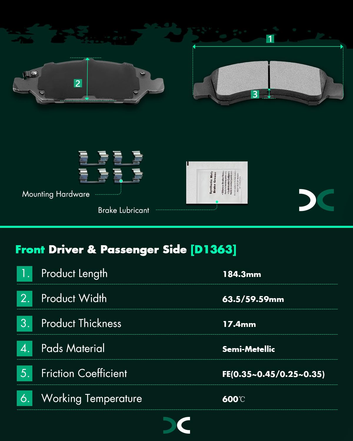 Scitoo D1363 Front Semi-Metal Brake Pads Sets Fit For Cadillac Escalade Esv/Ext,For Chevy Avalanche/Express 1500/Silverado 1500/