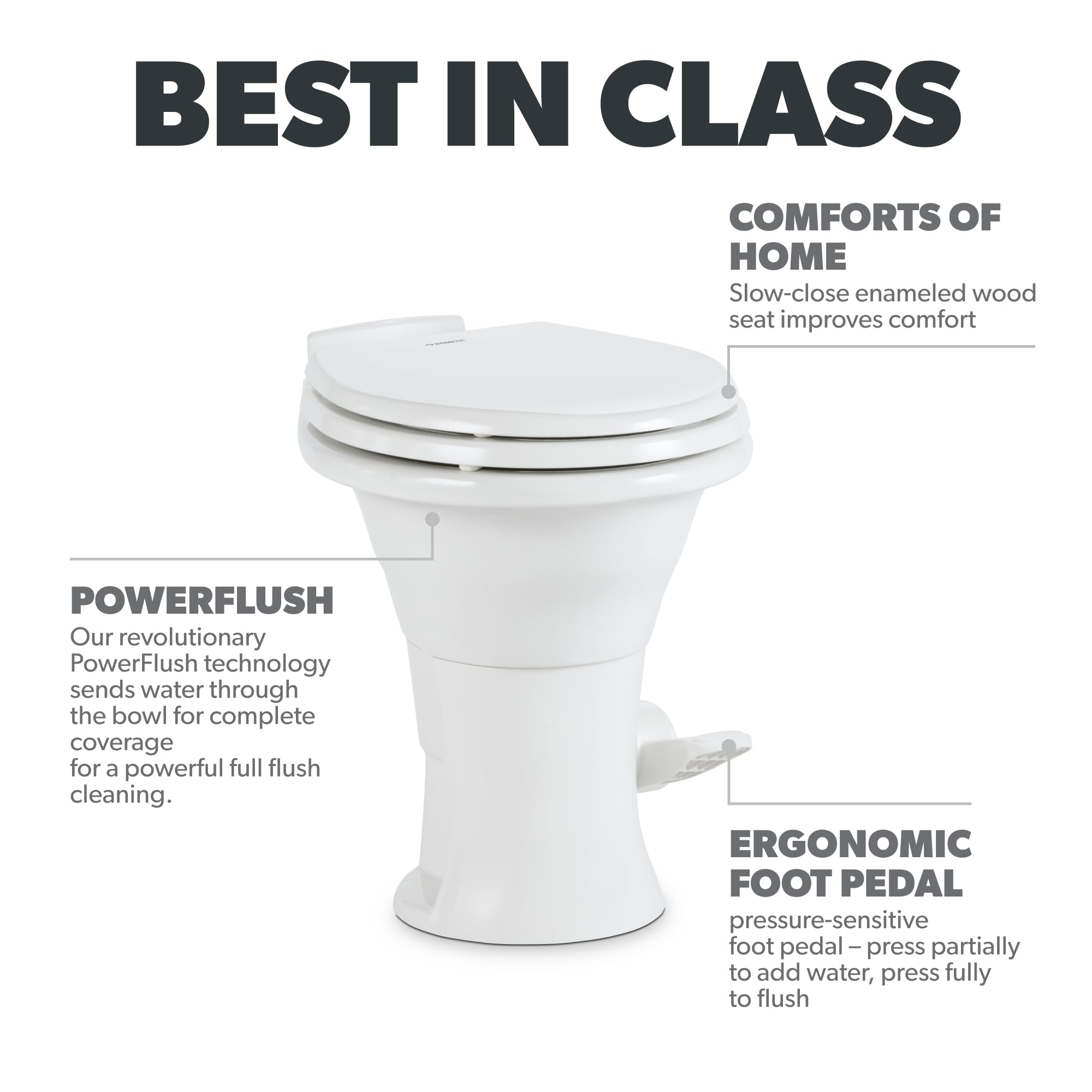 Dometic 302310031 310 Series Standard Height Toilet 19.75'' Height, Slow Close Wood Seat, White
