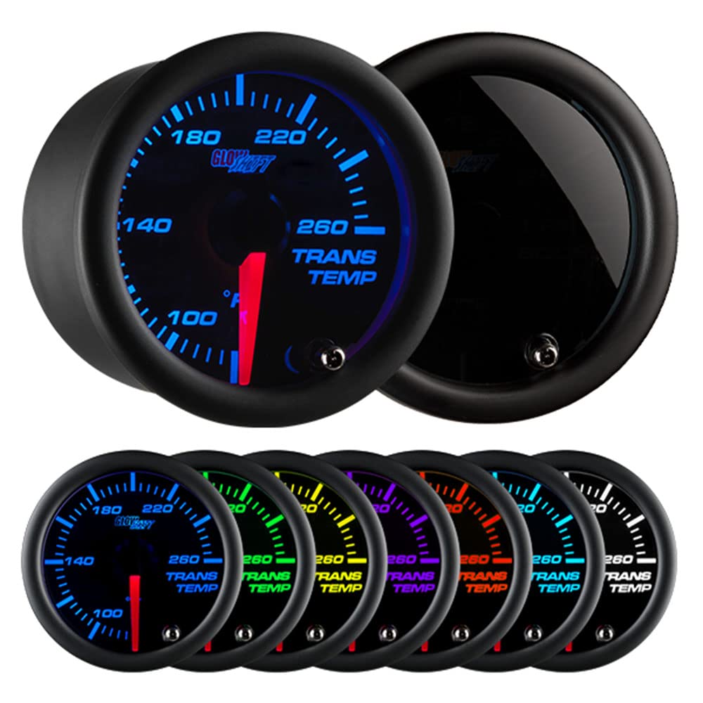 GlowShift Tinted 7 Color 260 F Transmission Temperature Gauge Kit - Includes Electronic Sensor - Black Dial - Smoked Lens - for 
