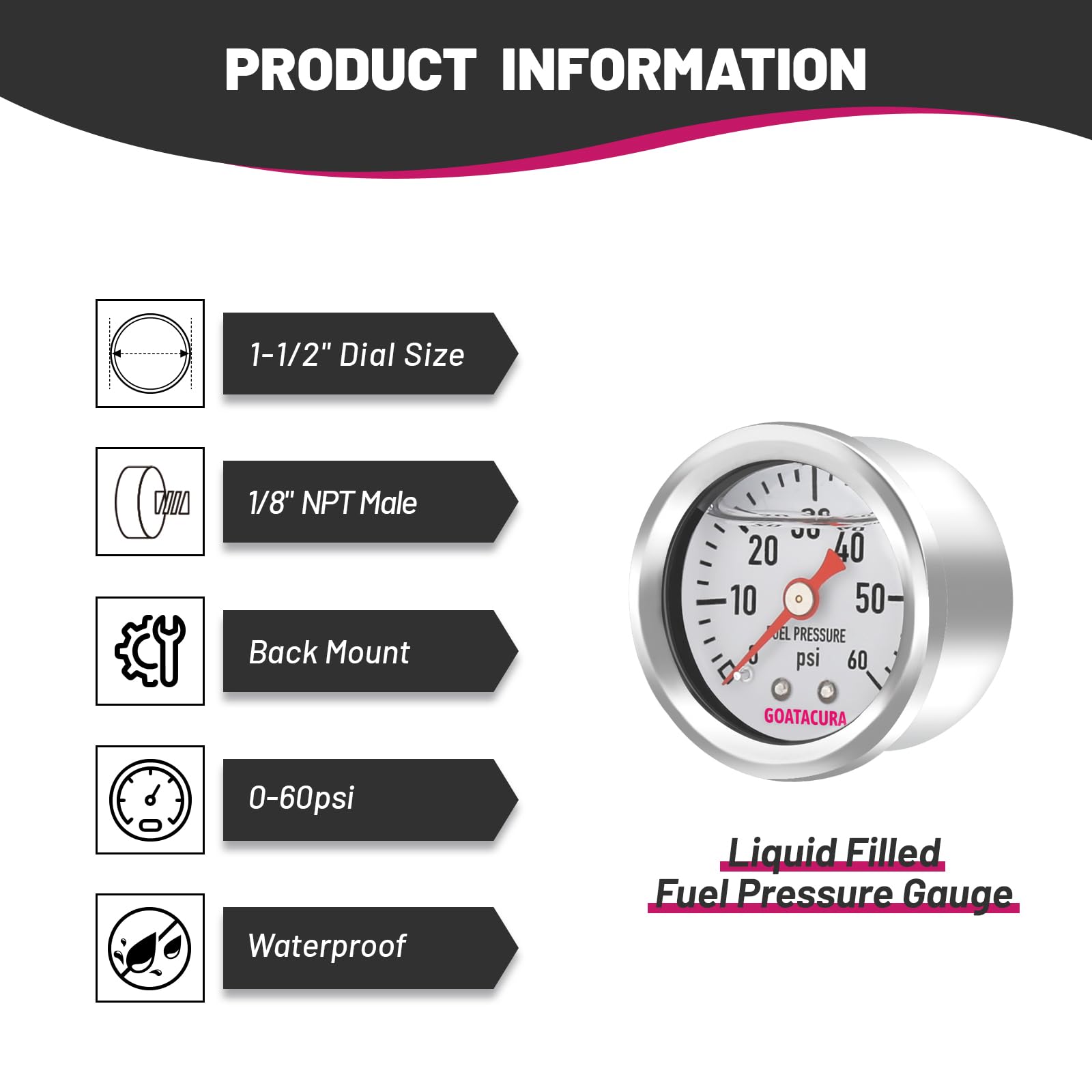 Goatacura 0-60Psi Glycerin Filled Fuel Pressure Gauge, 1-1/2'' Dial Size, 304 Stainless Steel Case, 1/8'' Npt Center Back Mount,