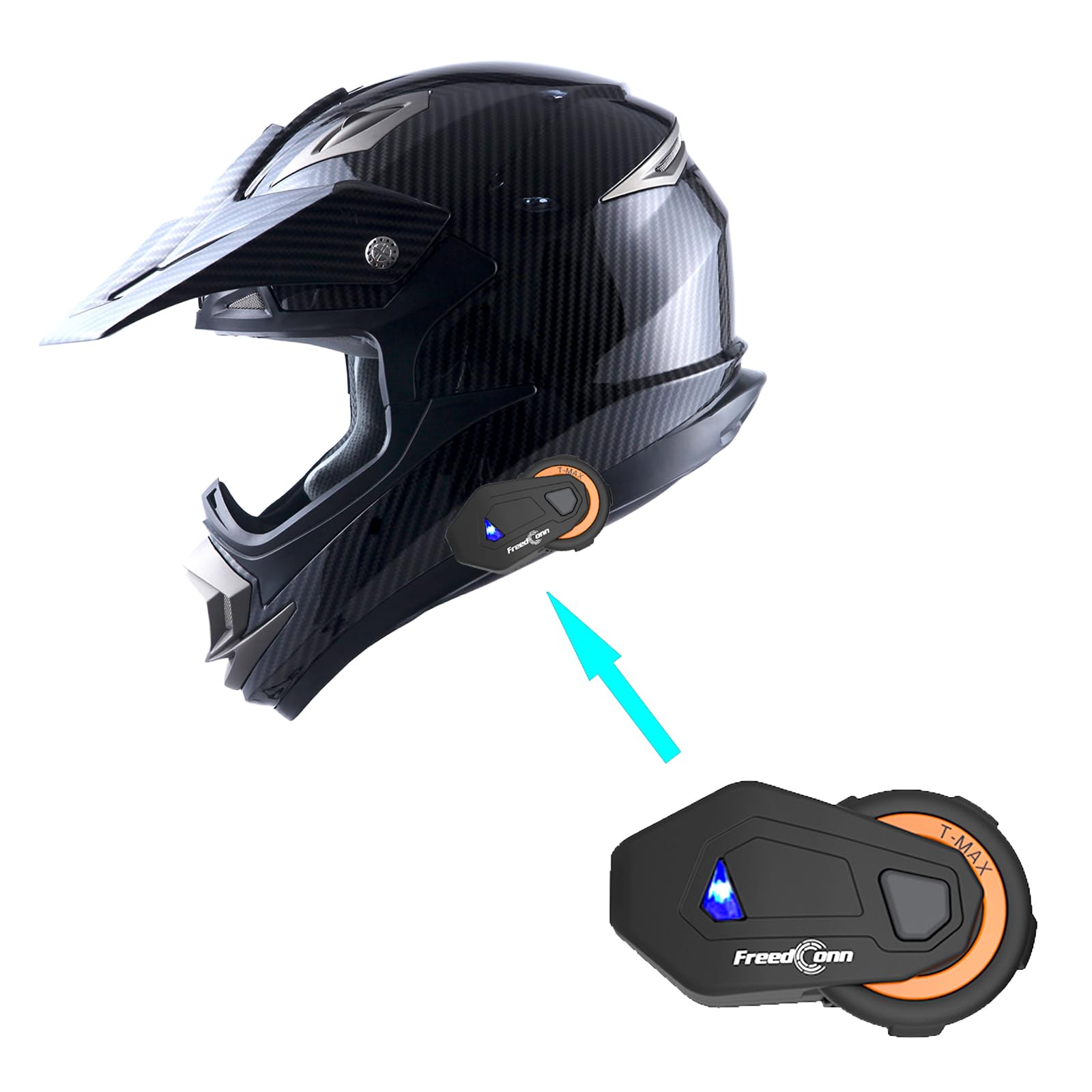 1Storm Adult Motocross Helmet Off Road Mx Bmx Atv Dirt Bike Mechanic + Motorcycle Bluetooth Headset: Carbon Fiber Black