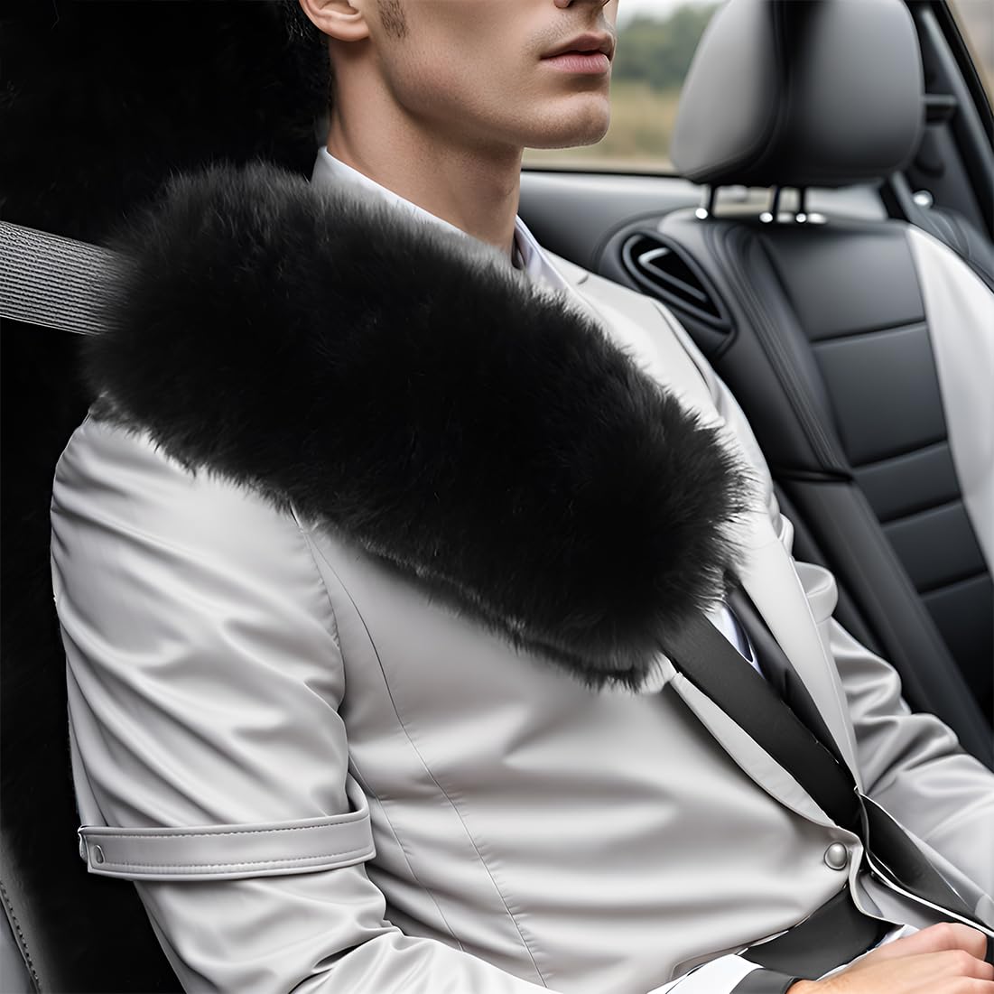 Ogland Long Wool Fluffy Sheepskin Seat Belt Covers, Fuzzy Seatbelt Pads For Adults Kids Women Universal Car 2 Pack (Black)