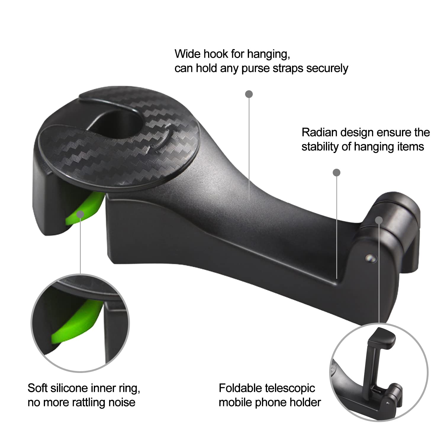 2 In 1 Car Seat Hooks For Purses And Bags With Phone Holder,Automative Headrest Purse Handbag Holder Hangers Organizers,Falling