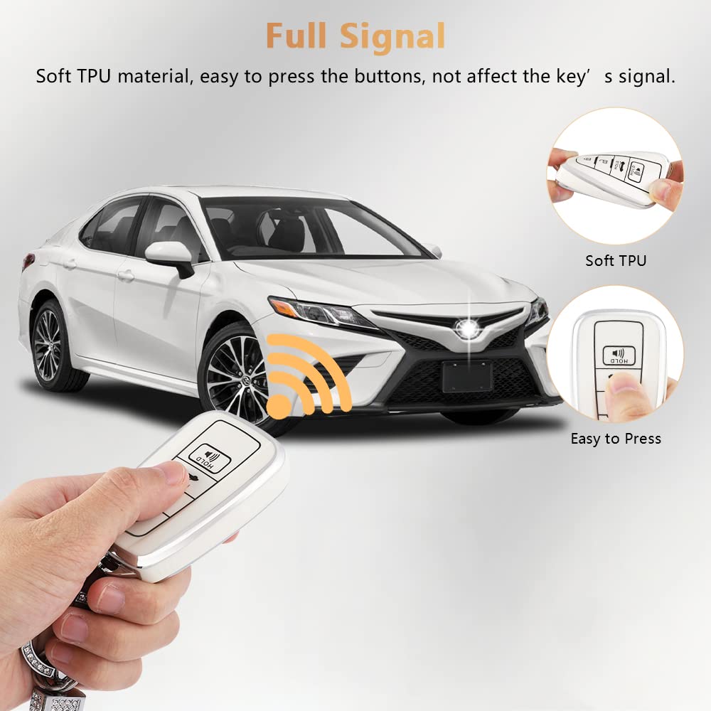 Pifoog Key Fob Cover For Toyota Camry Rav4 Corolla C-Hr Avalon Highlander Prius Smart Keys Case Shell Protector Bling Keychain Accessories 4 Button Tpu Girly Women White Silver