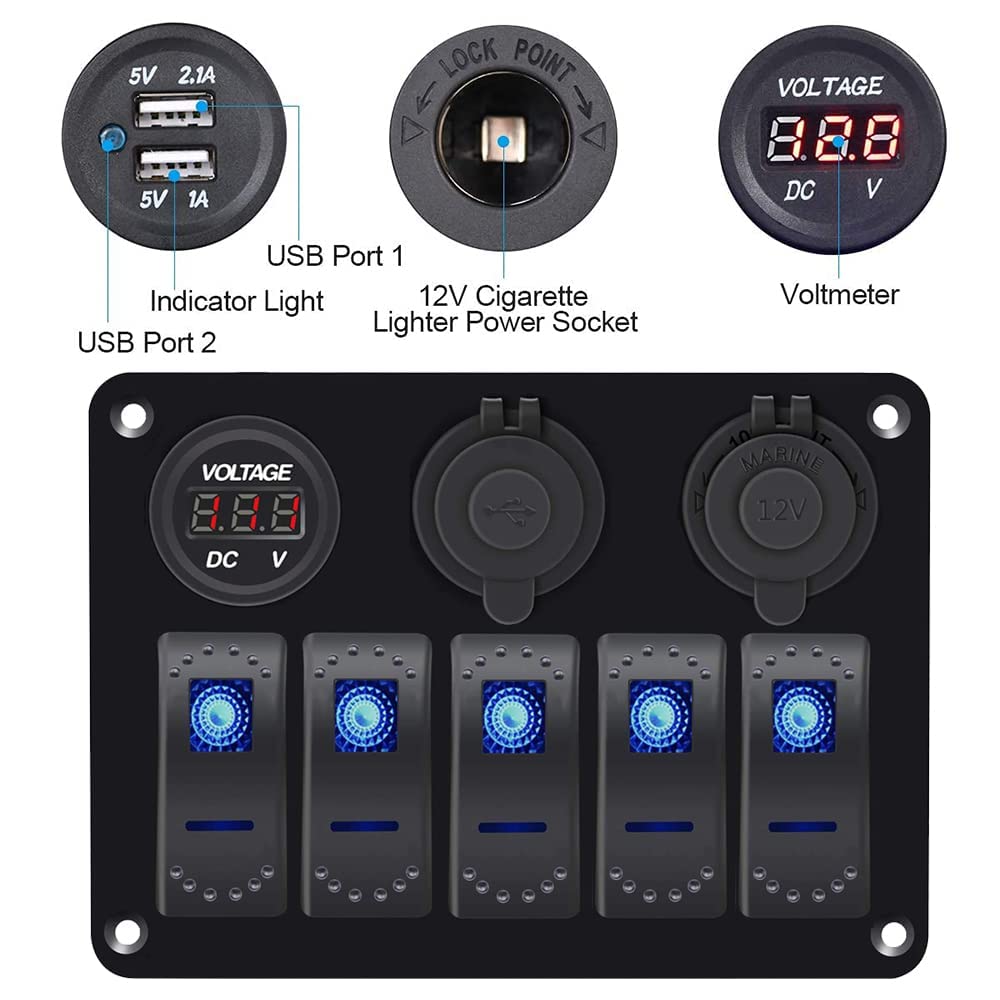 Garfour Waterproof Boat Rocker Switch Panel 3.1A Volt Dual USB Socket LED Light Voltmeter Cigarette Lighter Socket 5 Bang Rocker