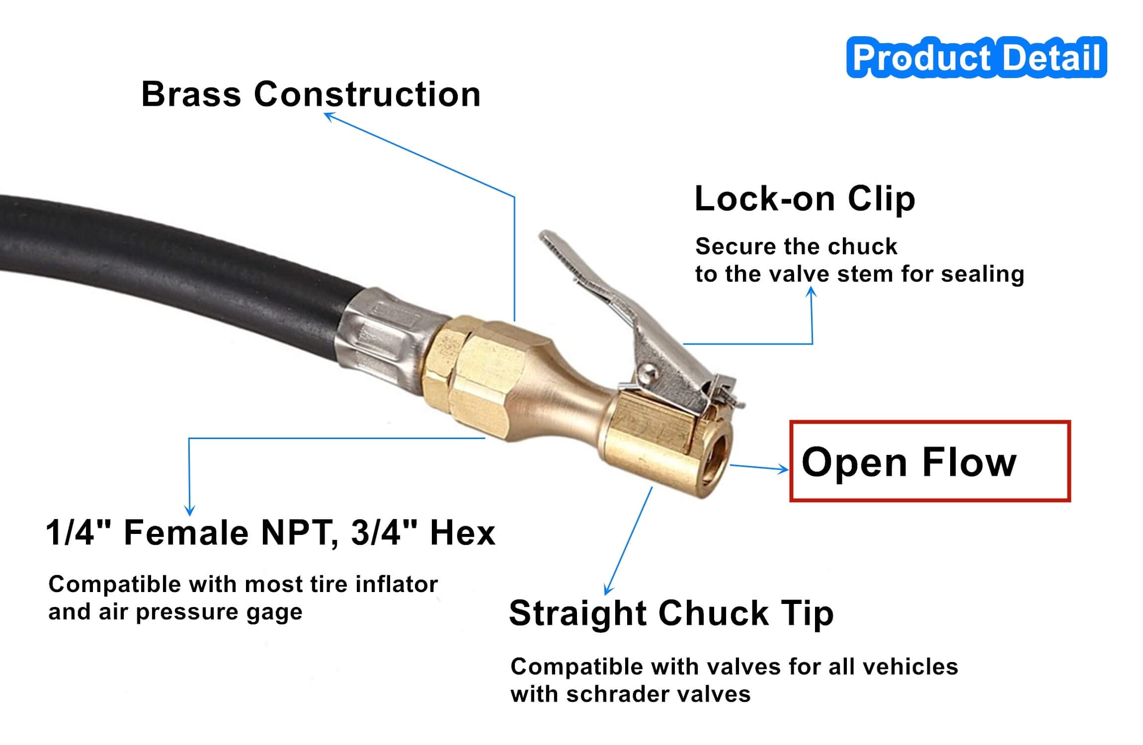 Heavy Duty Brass Air Chuck, Open Flow Straight Tire Chuck With Lock-On Clip, 1/4'' Fnpt Tyre Chuck For Tire Inflator Pressure Ga