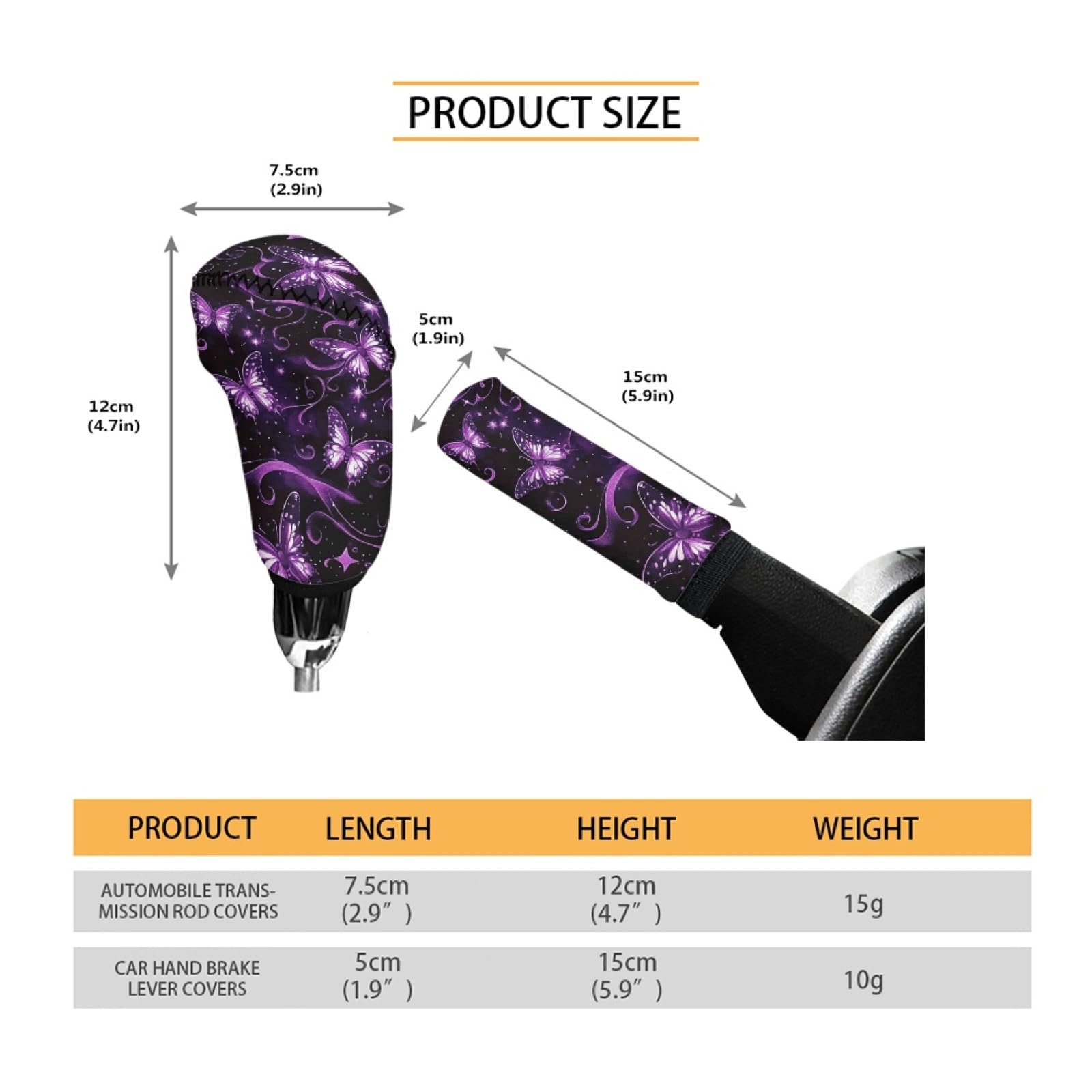 Babrukda 2Pcs Car Knob Lever Cover Gear Shift Knob Case Sleeve, Auto Handbrake Cover, Non-Slip Butterfly Purple Bling Galaxy Pri