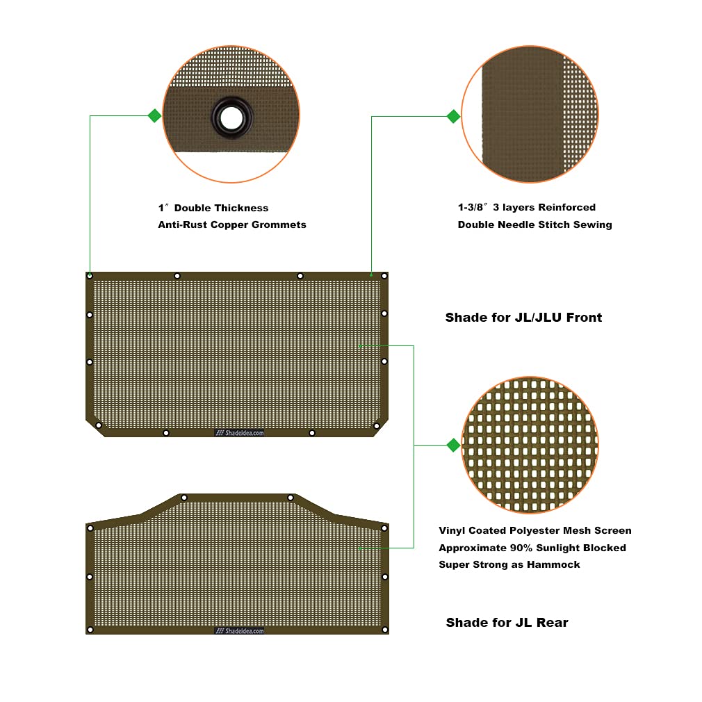 Shadeidea Jl Sun Shade Top For Jeep Wrangler 2 Door Top Sunshade (2018-2023), Front & Rear - Tank Green Mesh Screen Wrangler Sof