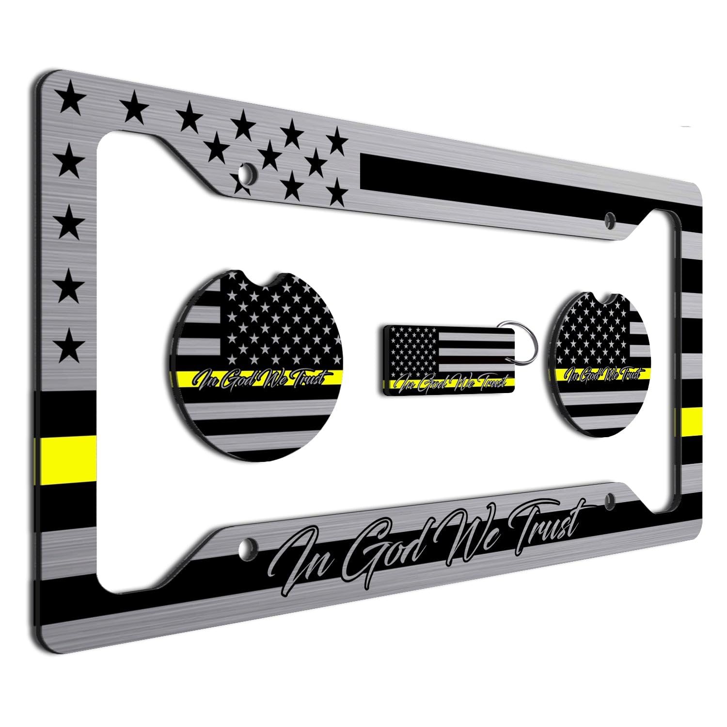 American Flag In God We Trust License Plate Frame + Silver Line Coasters + Keychain - Perfect For God And Country Lovers - Tacti