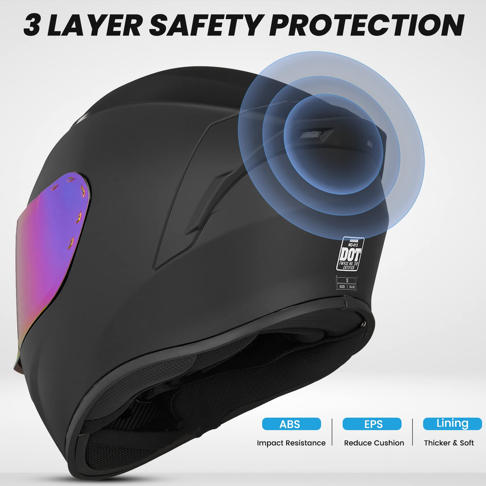 Auboa Full Face Motorcycle Helmets For Adults Men And Women Dot Approved Street Bike Racing Helmet With Tinted Visor Model Md-813 (Matte Black, L)