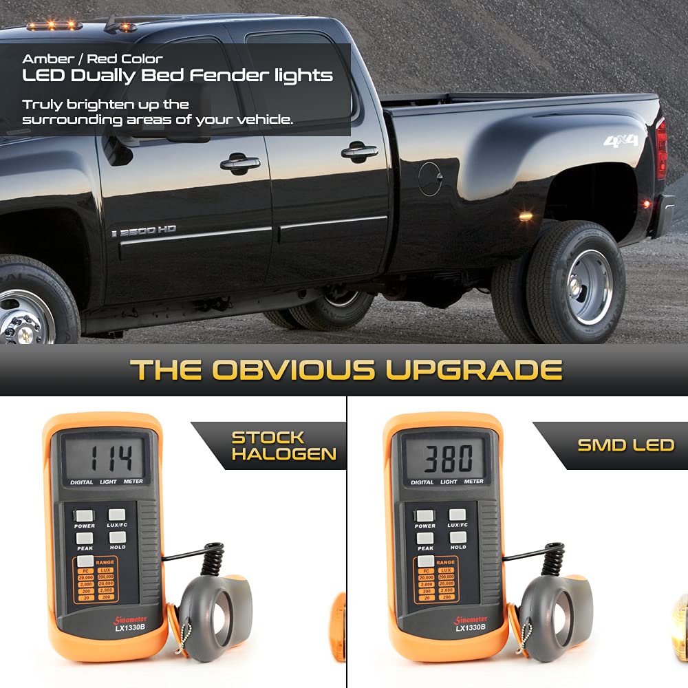 [4-Pieces] For 2001-2014 Chevy Silverado Gmc Sierra 3500Hd Dually Pickup Red + Amber Led Strip Rear Fender Light Side Marker Lam