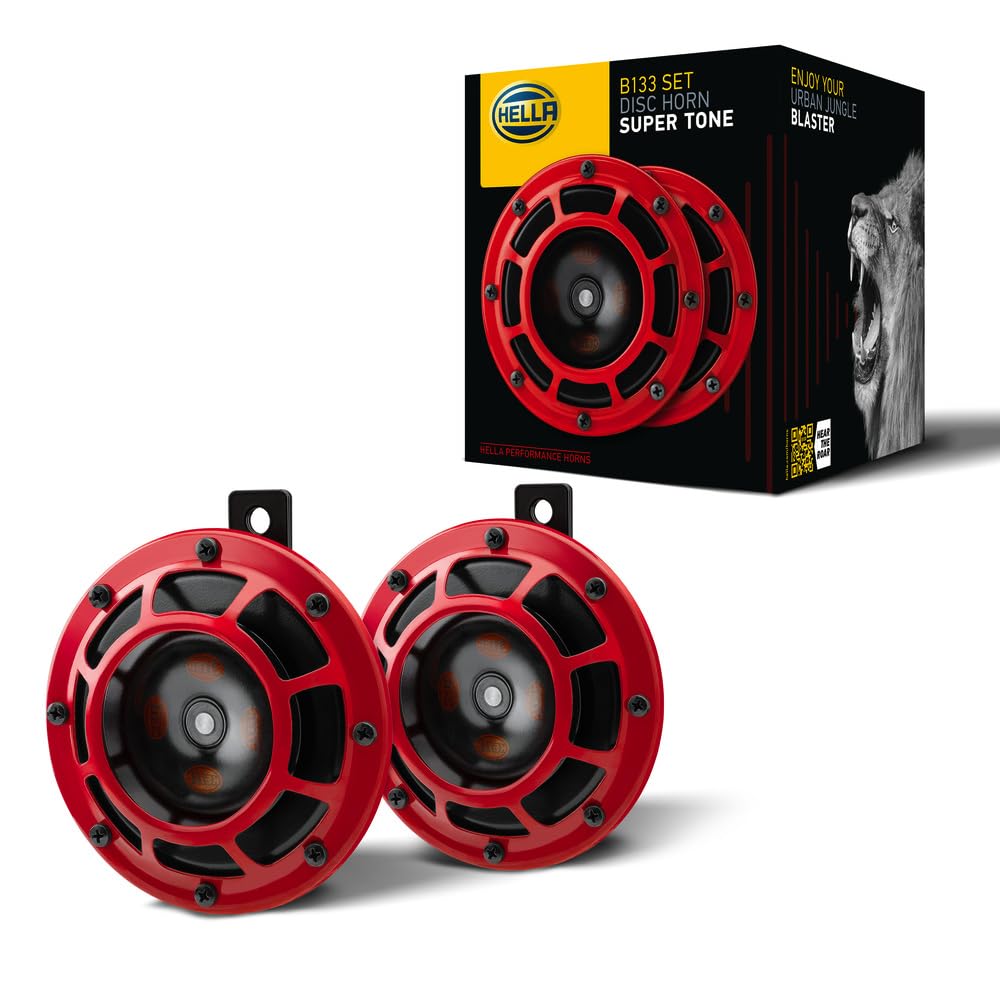 Hella 003399801 Supertone 12V High Tone/Low Tone Twin Horn Kit With Red Protective Grill, 2 Horns