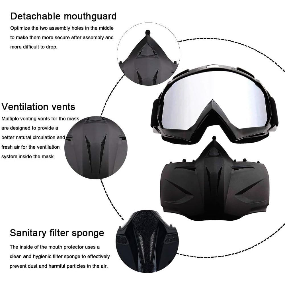 SPOSUNE Motorcycle Goggles Paintball Mask, Detachable Face Mask ATV, Dirt Bike, Motocross Safety Goggles for Men Women