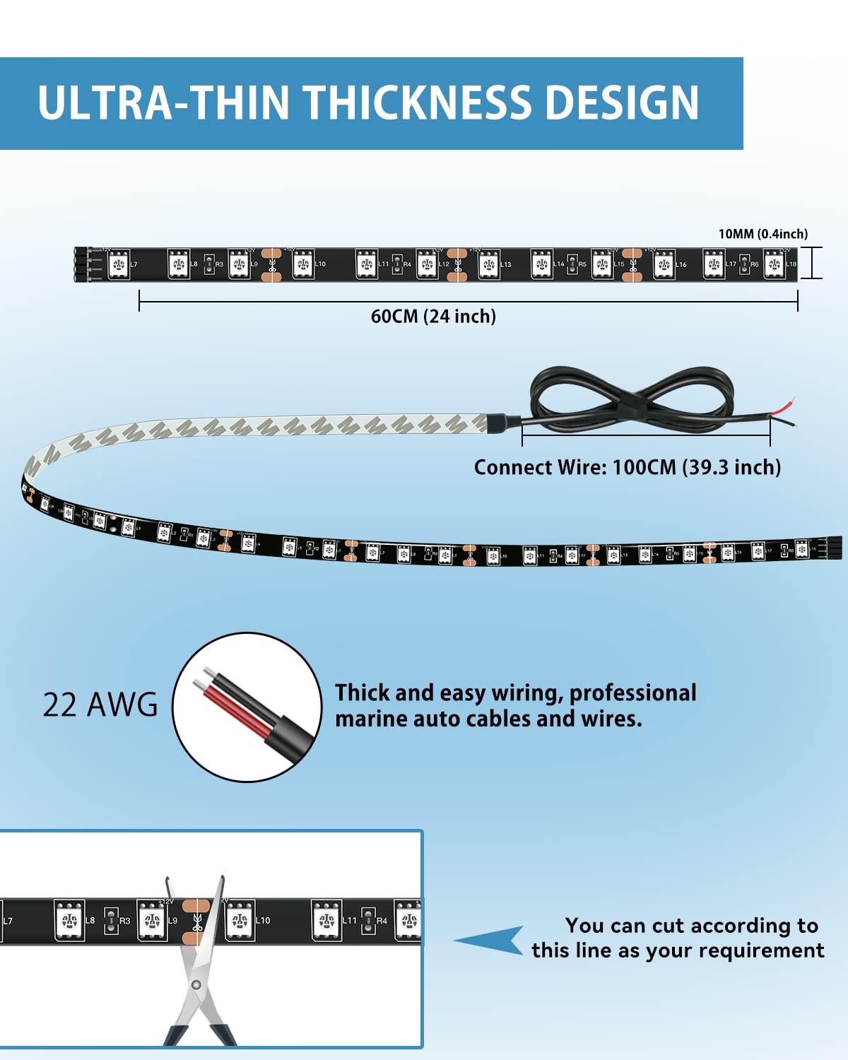 Car Led Strip Lights 24' Connectable Red 12V Led Light Strip For Cars Golf Cart Boat Marine Motorcycle Interior & Exterior Waterproof Led Strip, 4Pack