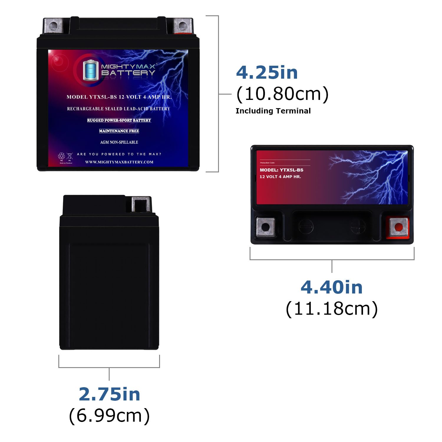 Ytx5L-Bs -12 Volt 4 Ah, 80 Cca, Rechargeable Maintenance Free Sla Agm Motorcycle Battery - 4 Pack