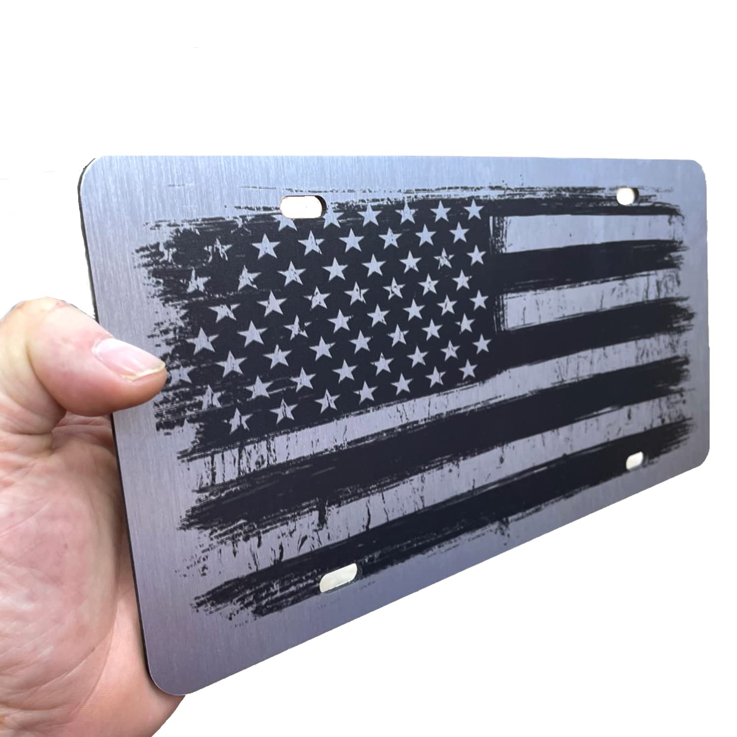 Distressed Grunge American Flag License Plate On 1/8'' Brushed Aluminum Composite Heavy Duty Patriot Usa Car Tag