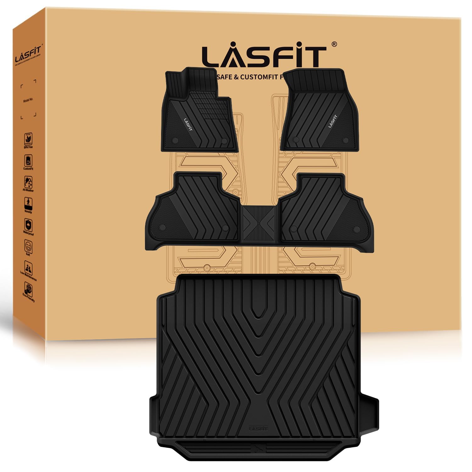 Lasfit Floor Mats&Trunk Mat Fit For Bmw X5 2019-2024 2025 2026 40I/45E/50E/50I/M/M50I/M60I, All Weather Tpe Custom Fit 1St&2Nd R
