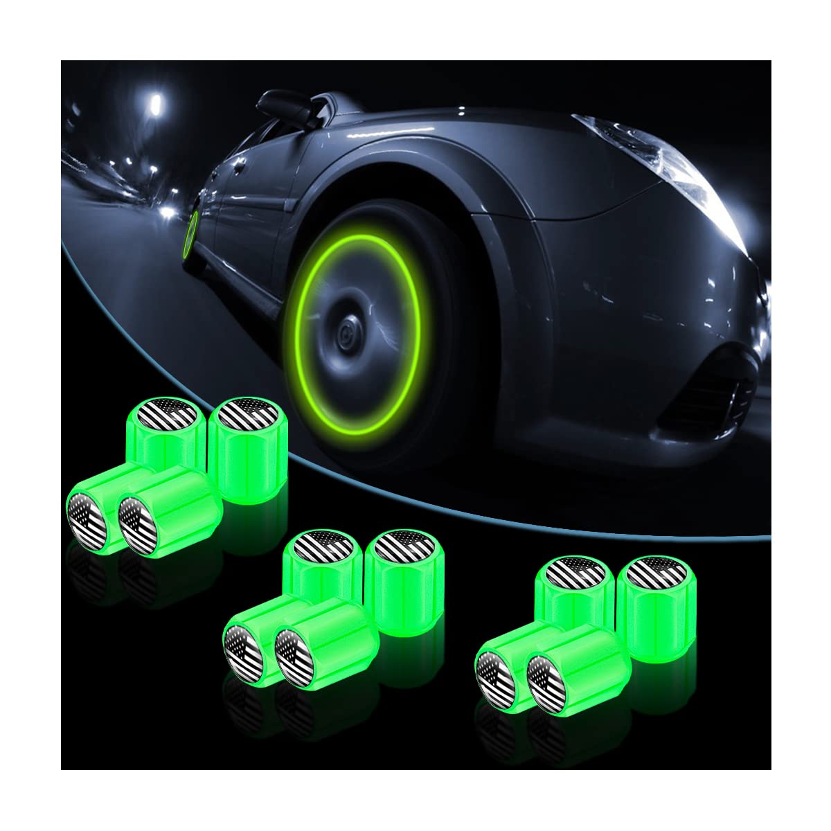12Pcs Fluorescent Car Tire Valve Caps, Luminous Tire Air Caps Cover, Vehicle Tire Pressure Caps, Illuminated Auto Car Wheel Valve Stem, Universal For Car, Suv, Motorcycle, Truck, Bike (Green/Black)