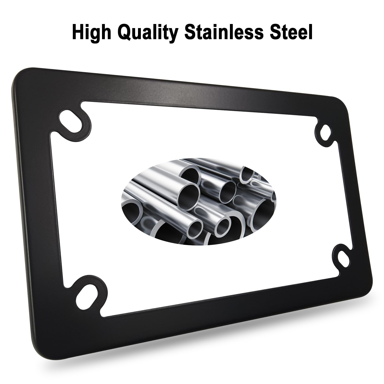 FBJTDQ Motorcycle License Plate Frame- Black Matte Stainless Steel Bike Tag Plate Holder, 4 Holes Heavy-Duty Metal Bracket 1 Pac
