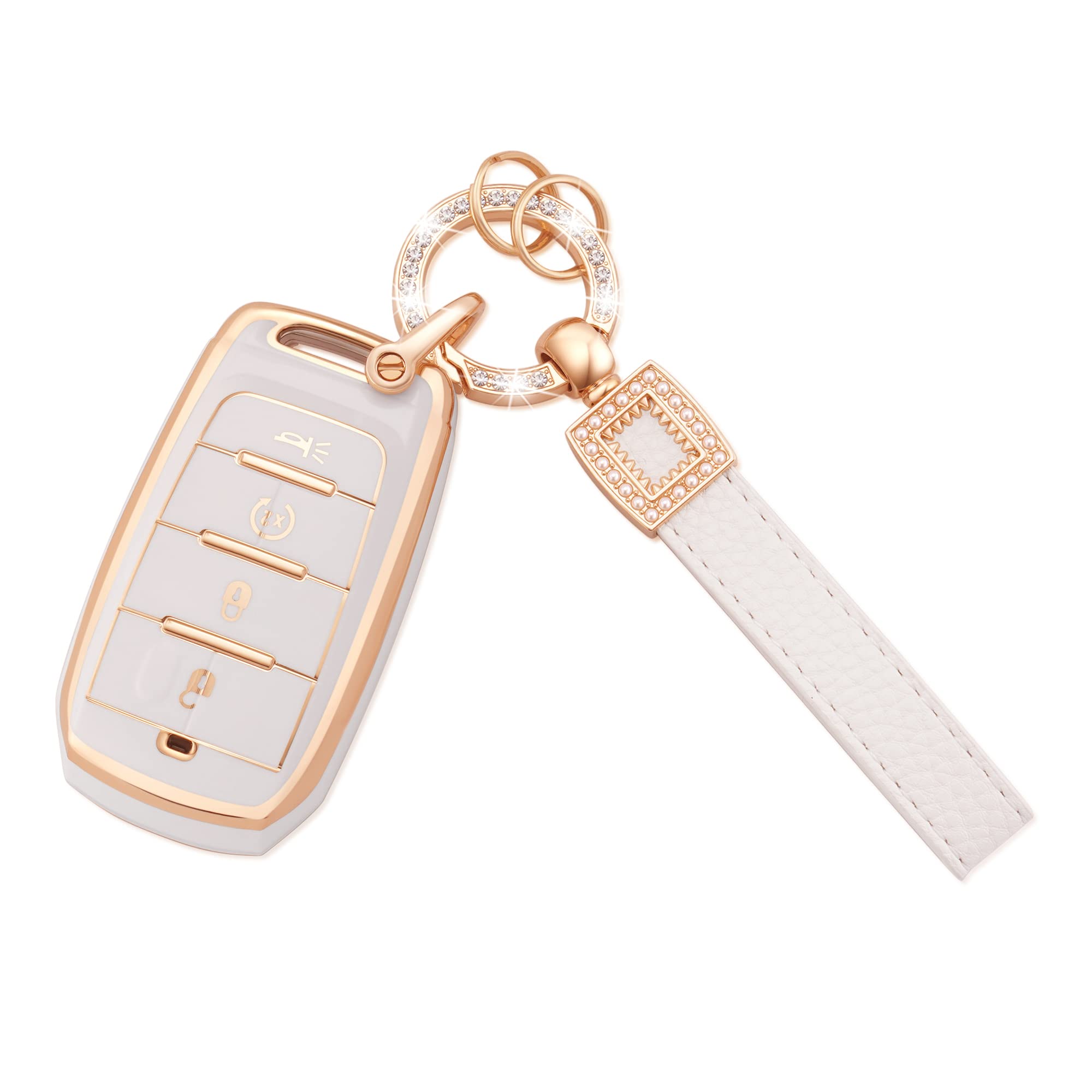 Ekala For Dodge Ram Key Fob Cover, 4 Buttons Soft Tpu Full Covers Protector Key Fob Holder With Leather Keychains Fit For 2019-2