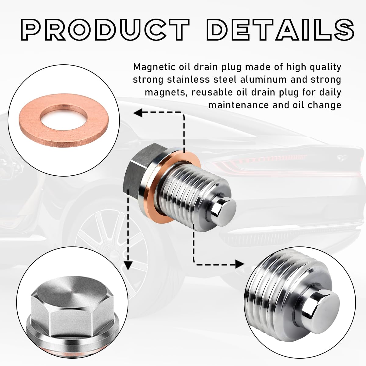 Dickno M16  1.5 Magnetic Oil Drain Plug, Aluminum Stainless Steel Sump Drain Nut Bolt with 5 Copper Crush Washer, Universal Leak