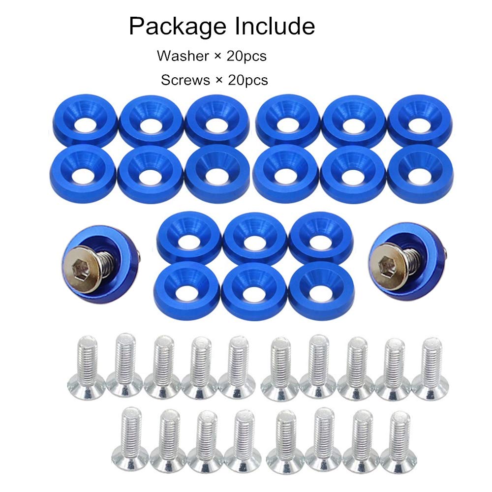 20Pcs Aluminum Fender Bumper Washers M6X20Mm Cnc Billet Bolt Engine Dress Up Kits (Blue)