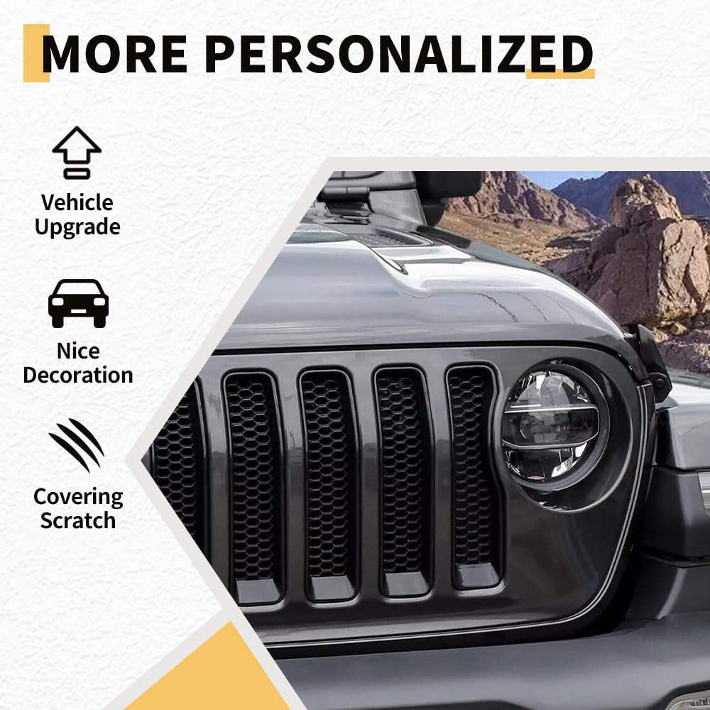 MAXDOM Grille Inserts Headlight Covers Set Fits for (2018-2023) Wrangler JL and Gladiator JT partial models Part#6KM37MRCAA (Bla