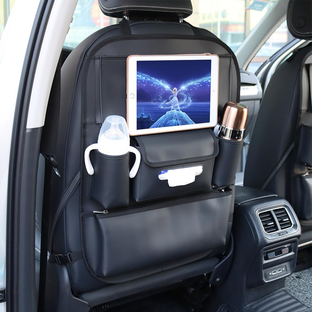 Viaviat Car Seat Organizers Waterproof Backseat Protector With Storage Pocket Large Leather Kick Mats For Kids Pets Automobile Suv Truck (Black, Large Pocket)