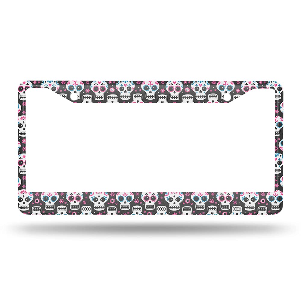 Beabes Flower Skull License Plate Frame Pink Flowers License Plate Holder Cute Funny Skulls Car Tag Frame License Plate Cover Car Accessories 2 Holes Novelty Auto Car Tag Vanity Gift