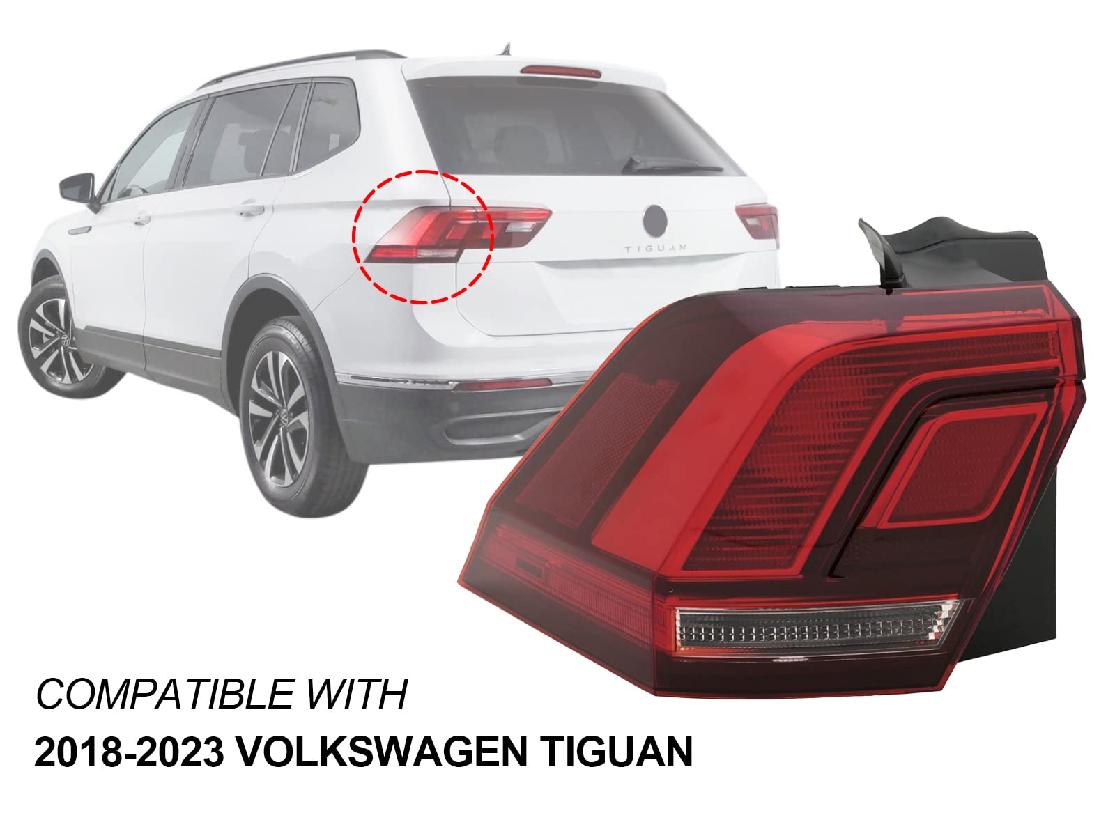 Auto Parts Avenue LED Tail Light Rear Lamp for 2018-2023 TIGUAN, Outer Driver Side, Red/Clear, Plastic, Model VW377002-1