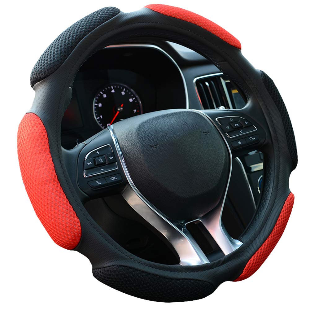 Fhqsx Auto Steering Wheel Cover Soft Hand Pad Cushion Slip-On Universal Fit 15'' / 38 Cm (Black&Red)