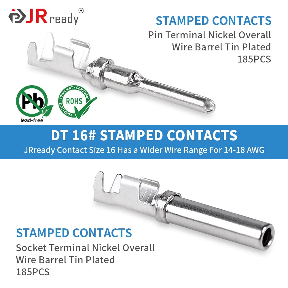 JRready 604PCS DT Deutsch Connector Kit, 2 3 4 6 8 12 Pin Gray DT Connectors, Size 16 Stamped Formed Contacts(14-18AWG)/ DT Conn