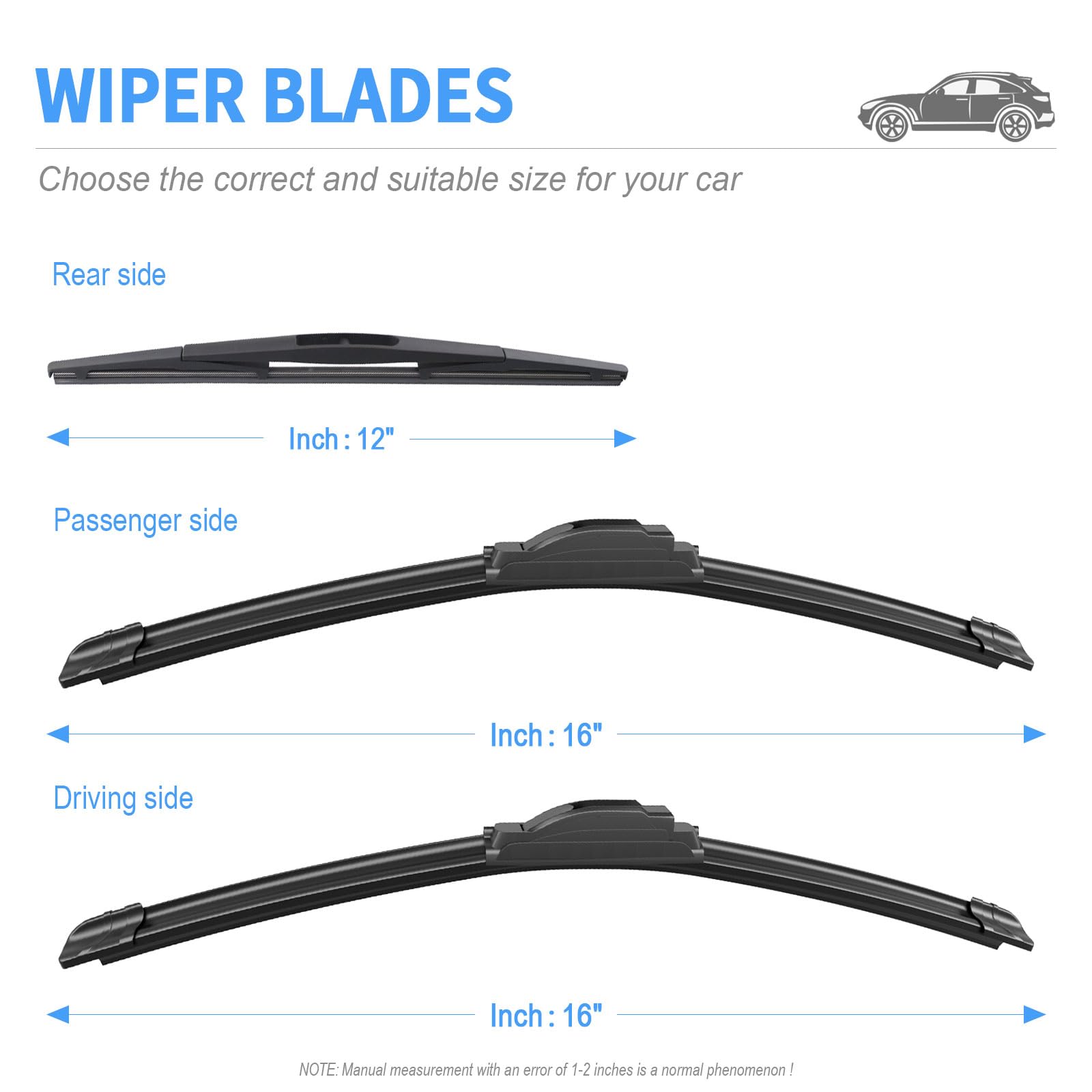 Gavimnal 16''+16''+12'' Silicone Wiper Blades Replacement For Jeep Wrangler 2018-2023,All-Season Front Rear Windshield Wiper Bla