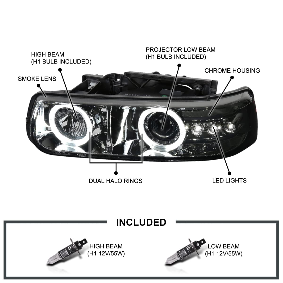 Spec-D Tuning Smoke Halo Led Projector Headlights Compatible With 1999-2002 Chevy Silverado, 2000-2006 Chevy Suburban, 2000-2006
